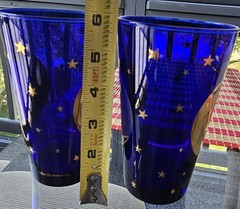 2 Culver Cobalt Blue Glass Celestial Gold Stars & Moon 6 inch Tumbler 22k