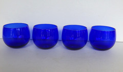 Cobalt Blue Set of 4 Hazel Atlas Royal Lace 2-3/8″ High Roly Poly Tumblers 5 oz.