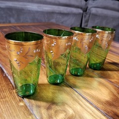 Vintage Set Of 4 Emerald Green Gold Gilt Enamel Glass Tumblers GIL