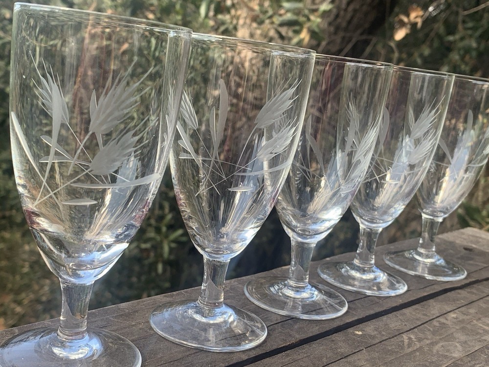 Vintage Etched Wheat Clear Glass MCM Crystal 4.75″ H Glasses Set-5 Cordial 4 oz
