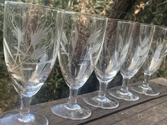 Vintage Etched Wheat Clear Glass MCM Crystal 4.75″ H Glasses Set-5 Cordial 4 oz
