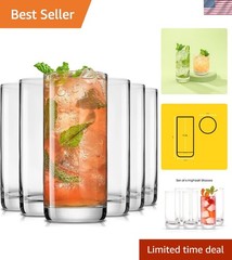 6pc Faye Tall Cocktail and Water Glass Set – 13oz Lead-Free Crystal Beauty
