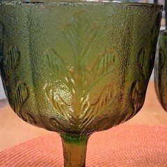 FTD Green Leaf Textured Glass 1975 Goblet and 1978 Bowl