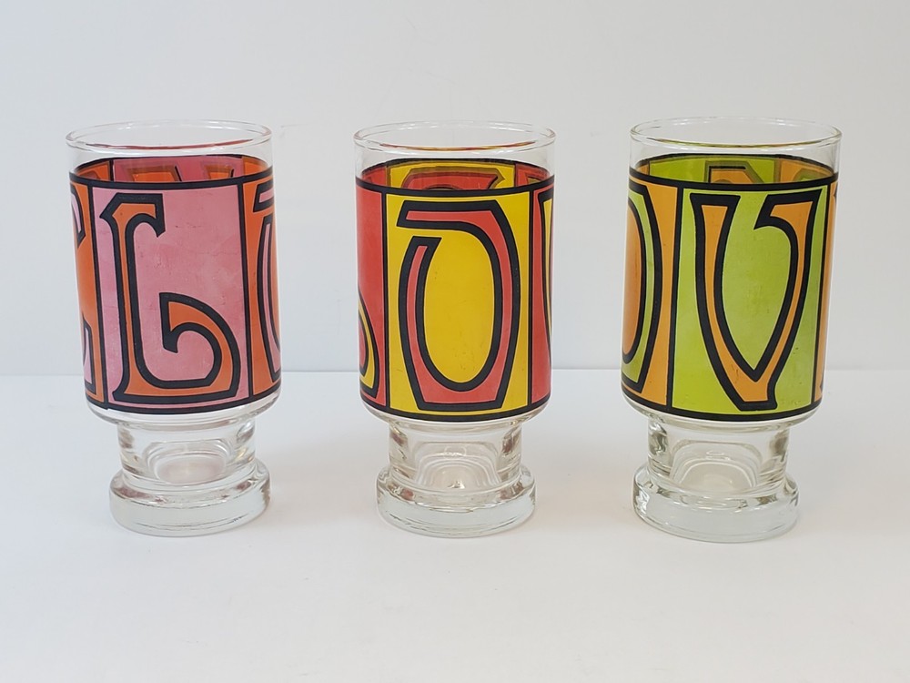ANCHOR HOCKING LOVE TUMBLERS DRINKING GLASSES SET OF 3 MCM 1970’S