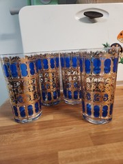 EUC Set 4 Vintage Mid Century Culver Azure Blue Scroll Highball Glasses 22k Gold