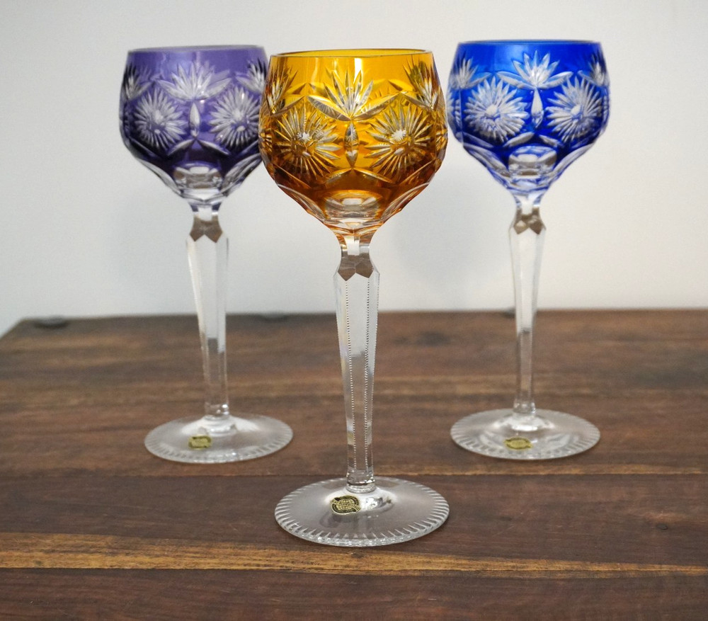 Lot of 3 – Echt Bleikristall Cut to Clear 8 3/8″ Daisy Sunburst Wine Goblets