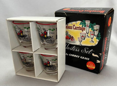 Vintage MCM Libbey Glass Horseless Carriage 4 2oz. Jiggers w/Box