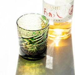 Crystal Whisky Glass Double Layers Japanese Style Edo Kiriko 9oz Amber Green