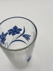 1960s Vintage Blue Floral Printed Glass Tumbler Clear Drinking Cup Kitchen Decor