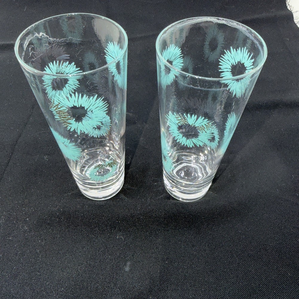MCM Atomic Highball Glasses Set of 2 Turquoise Blue and Gold Vintage
