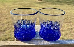 2 Vintage Block Basic Blown Art Glasses Dark Blue Speckled. MCM Beautiful 4”