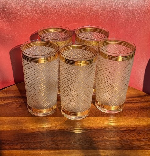 LOT of 5 Vintage MCM Gold Foil RIM Basketweave Highball Tumbler Frosted Glasses