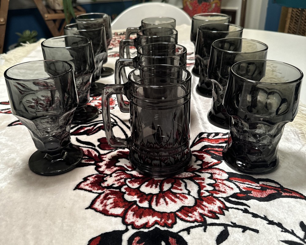 Vtg Anchor Hocking Georgian Smoke Glass Mugs, Goblets, Wine Glasses 12 Piece Set
