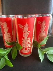 MCM Culver Thai Goddess Highball Glasses 22K Gold Red Mandalay Cocktail Set 1960