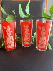 MCM Culver Thai Goddess Highball Glasses 22K Gold Red Mandalay Cocktail Set 1960