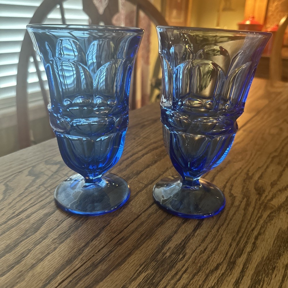 Fostoria Argus BLUE Henry Ford Museum HFM 2 Iced Tea Glasses Excellent Condition