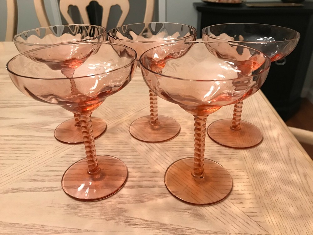 5 Central Glass Works 1426 Pink Twisted Stem Diamond Optic Champagne/Sherbet 
