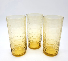 3pc Set Anchor Hocking Amber Brown Glasses Tartan Square Cube Waffle Block Cup