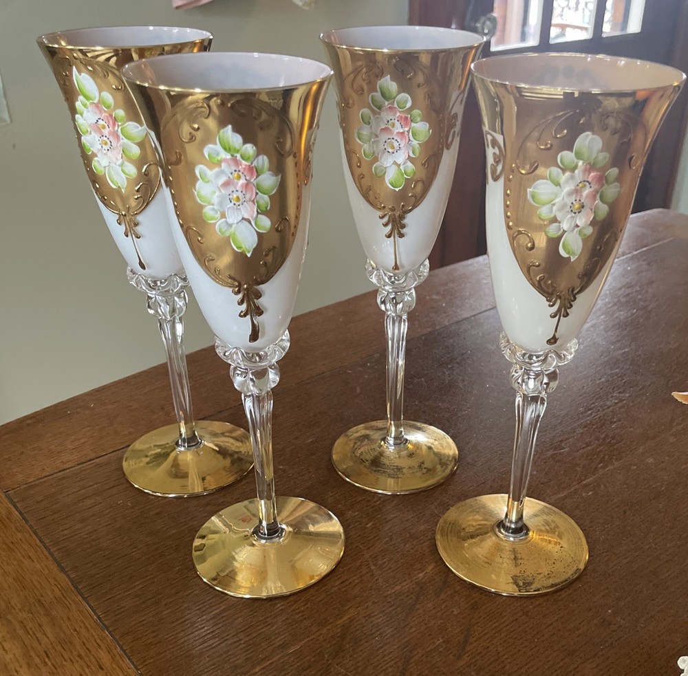 4- Vintage GORGEOUS Gold Hand Painted Murano 9” Wine White Pink Flowers Glasses