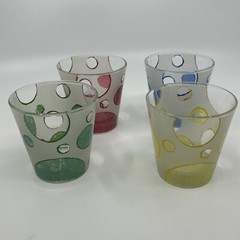 Set of 4 Cerve Italy Polka Dot Lowball Glass Frosted Old Fashion Barware MCM Vtg
