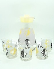 Vintage Libbey Yellow & Black Juice Decantor Set W/5 Glasses 1960s MCM