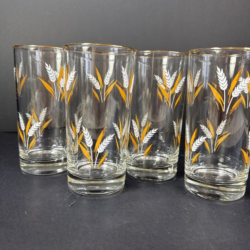 Vintage Libby Wheat Spray Glasses Gold Rim And Accents Set Of 4 5.5” MCM