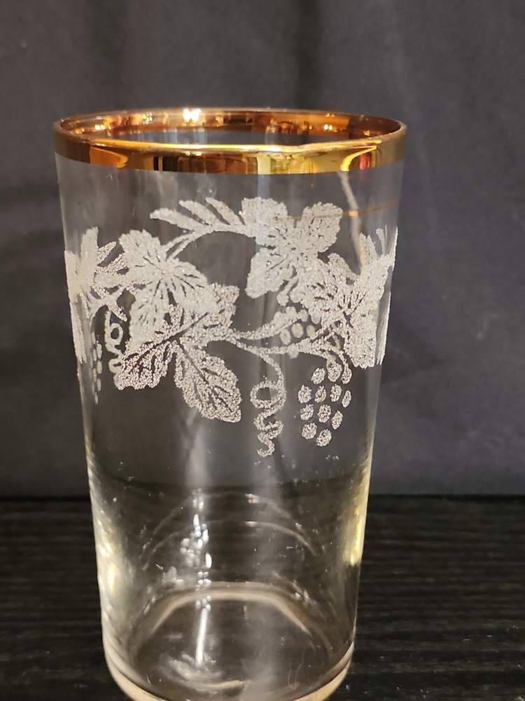 Vintage Bartlett Collins 22Kt Gold Trim Grapevine 10 oz Glass/ Tumbler