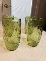 1970s Anchor Hocking Madrid Tumblers 4pc Avocado Green Vintage 12 oz