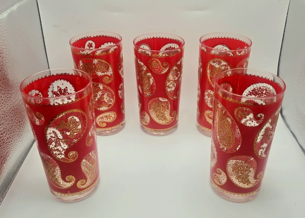 Vintage 5 MCM Culver Red & 22k Gold Paisley Highball Glasses Tumbler Cocktail