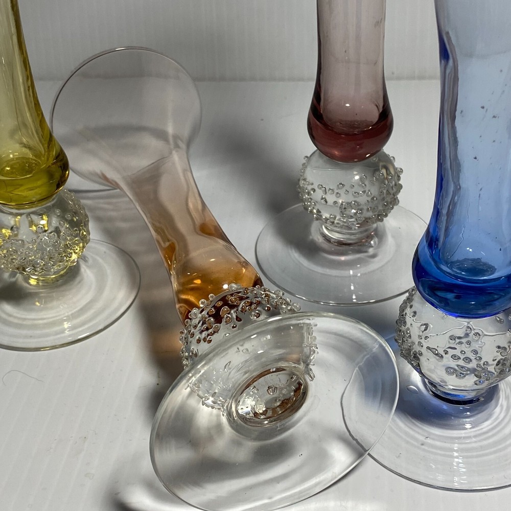 Vintage Hand Blown Glass Multi-color Champagne Flutes w/Icy Ball Stems 2.5oz – 4