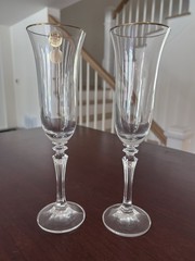 Vintage German 24% Lead Crystal Gold Rim Champagne Flutes w/Foil Label 9”, Set 2
