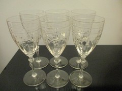 Set 6 Vintage Etched Floral Leaves Panel Optic Crystal Wine Water Goblets Stems