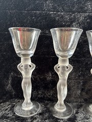 Vintage Bayel crystal frosted nudes 4 stemmed cordial glasses France 1930-1940
