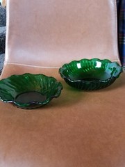 Vintage Anchor Hocking Forest Green Glass Bowls Ruffled Edge 6.5″ and 7.5″