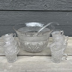 Imperial Cape Cod Glass Punch Bowl, Ladle & 10 Cups Elegant Clear Glass Wedding