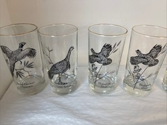 Set Of 7 Vintage Game Bird Glasses- 4 Highball And 3 Whiskey Gold Rim- Preowned