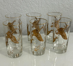 Vintage Libbey Drinking Highball Glasses Gold Embossed Geese Flying . Set of 6.
