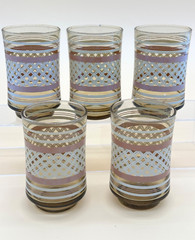 Vintage Lot of 5 Glass Tumbler Juice Glasses Weave Stripe Pattern Amber Mcm