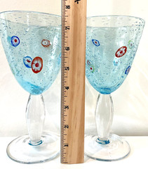 Artland Turquoise Blue Melifiore 14 Oz Set Of 2 Hand Blown Glasses 7.5” Tall
