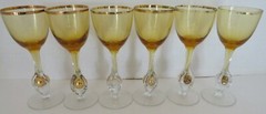 6 VTG Czechoslovakia Atlas Amber Gold Trim & Ball in Stem Cordials-4 3/4″
