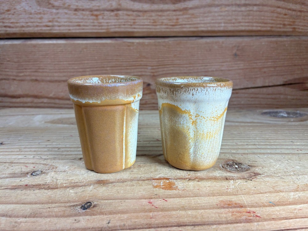 Pair of Vintage Frankoma Pottery Guernsey Juice Cups Desert Gold Shot Glass