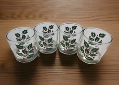 Vintage Indiana Glass Bartlett ? Christmas Holly Old Fashioneds 4pc 8 oz