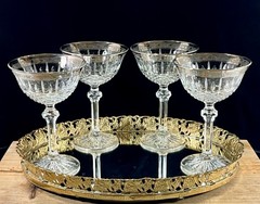 Vintage Champagne Coupe Cut Crystal Glass Silver Trim Cocktail Glasses Set 4 MCM