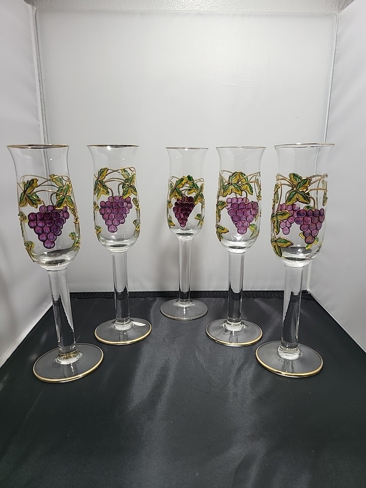 Wine Glasses W/ Grapevine Embossed W/ Gold Handpainted Vintage 5 Available (#6)