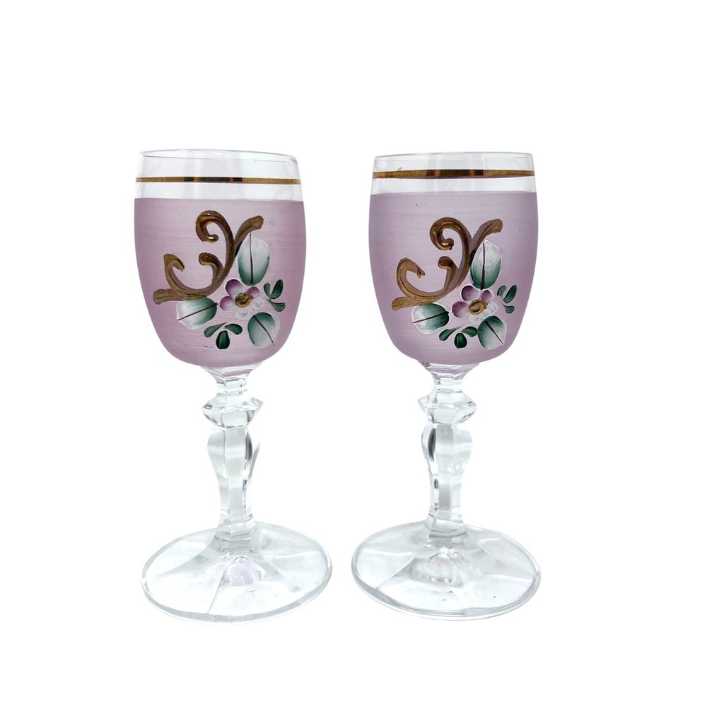 Hand Painted Bohemian Pink Cordial Glasses Set of 2 Gold Trim Flower VTG