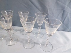 Set of 8 Morgantown Clear Glass Bo Peep Etch Cordials Small Wine Glasses Goblets