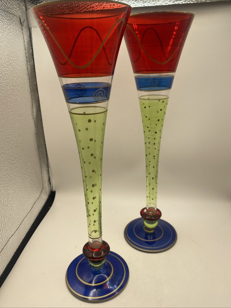 VTG Pier 1 Bohemian Set 2 Champagne Flutes Red Blue Green & Gold Accents 10.75”T