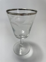 Cordial Liquor silver rimmed glasses Laurel Leaf Etched Set of 2