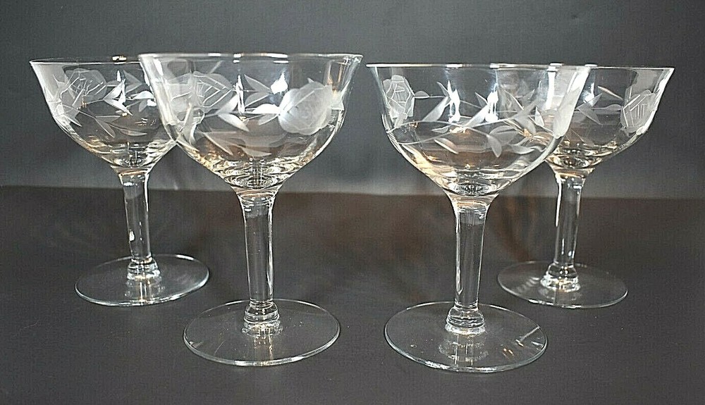 Etched Roses Wine, Claret, Champagne, VTG Crystal Goblets Elegant 5″ Set of 4