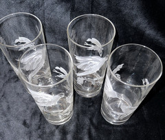 J. James Etched Birds Glass Tumblers 10 oz. Signed, Vintage MCM, Set of 4